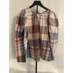 Universal Thread Womens Plaid Cotton Blouse Sz S Puff Sleeve Cottagecore Top